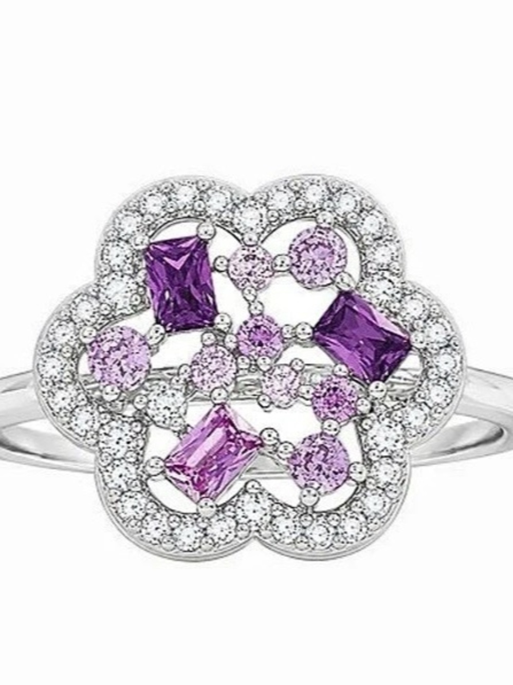 Primrose Fine Silver Plated Purple Floral Cubic Zirconia Ring Size 8 NWT